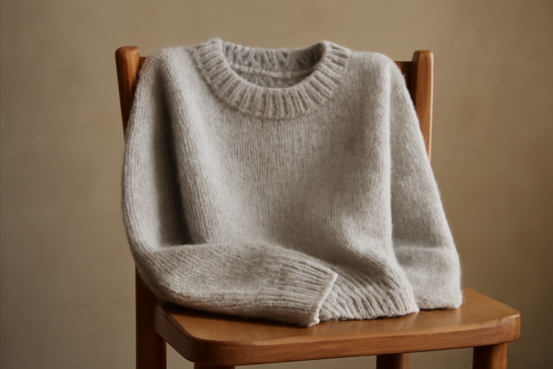 pull en laine posé sur une chaise en bois