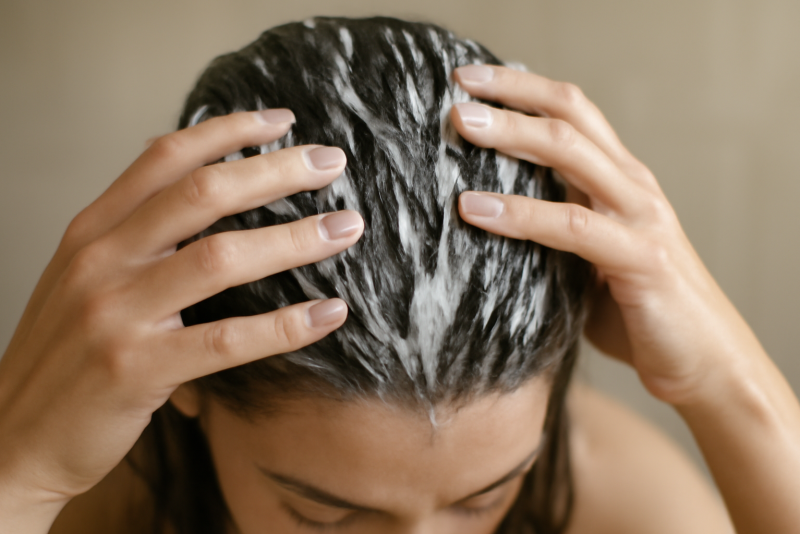 mains appliquant masque sur cheveux mouilles