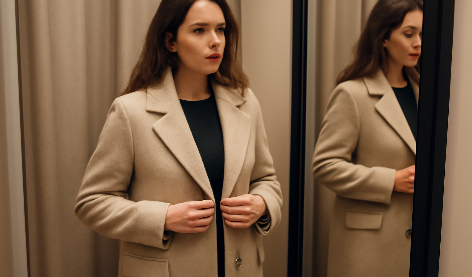 femme essayant un manteau en cabine