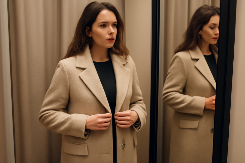 femme essayant un manteau en cabine