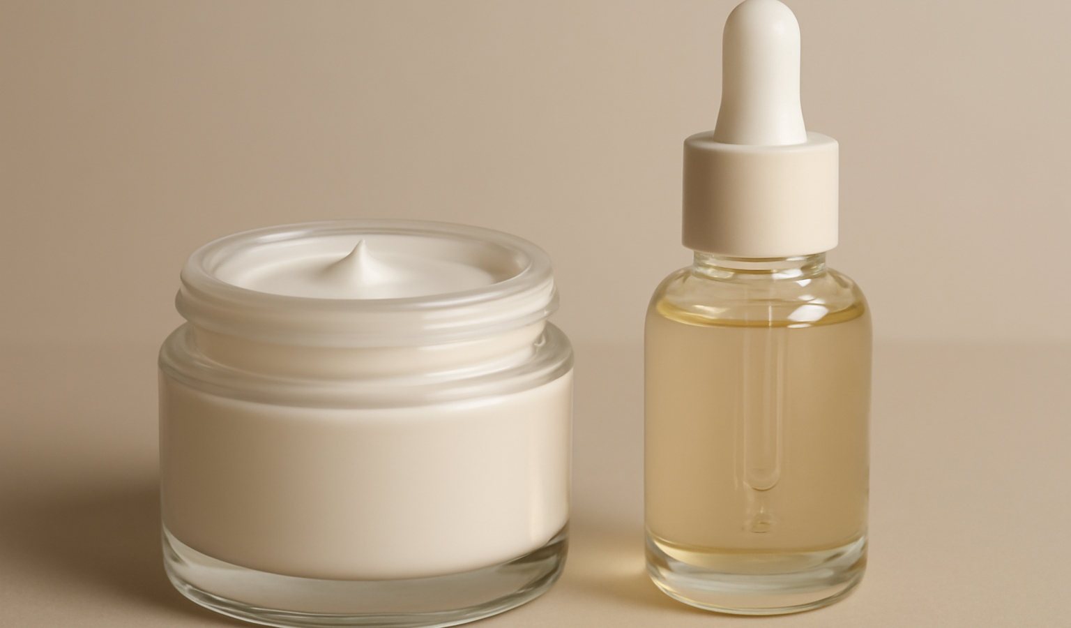 pot de crème et flacon de sérum côte à côte