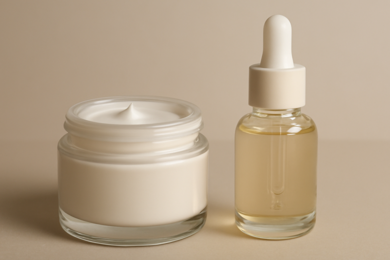 pot de crème et flacon de sérum côte à côte