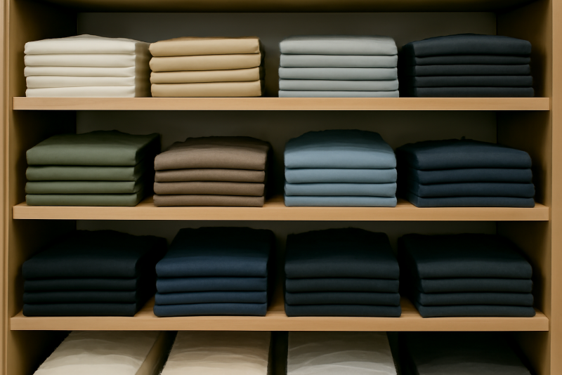 rayon de vêtements basiques pliés en magasin