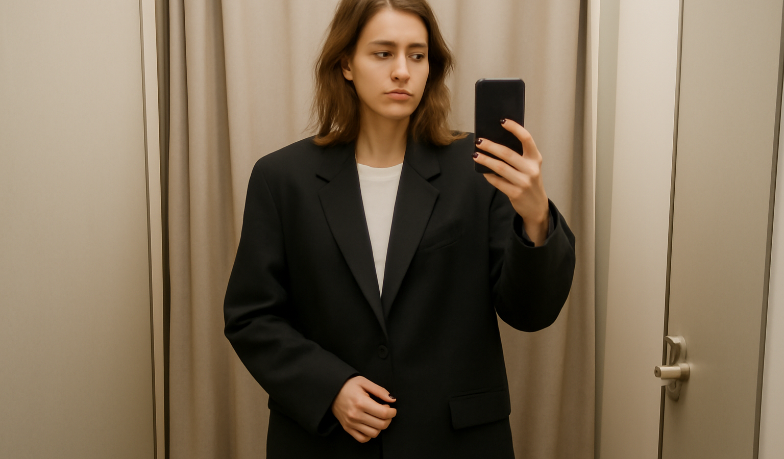 femme essayant un blazer oversize en cabine