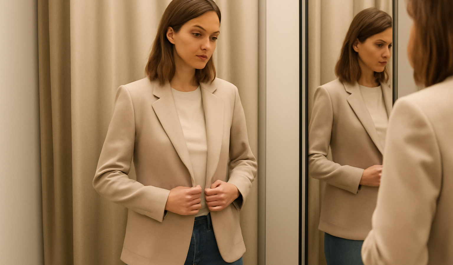femme essayant veste neutre en cabine