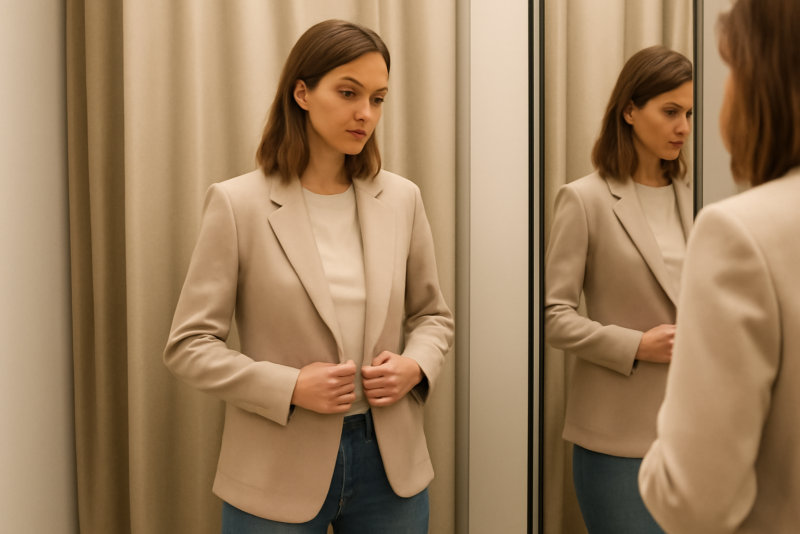 femme essayant veste neutre en cabine